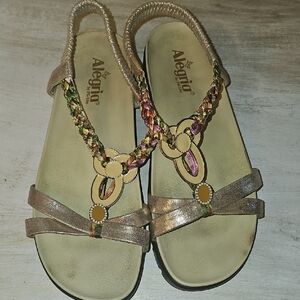 Alegria Metallic Gold Braided T-Strap Sandals w Yellow Accents Size 42 11-11.5